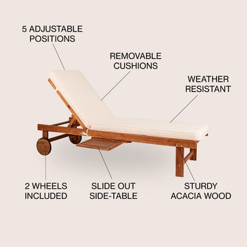 Seabrook Outdoor Acacia Wood Lounger with Cushion, 5-Position Back, Slide Table & Wheels - JONATHAN Y